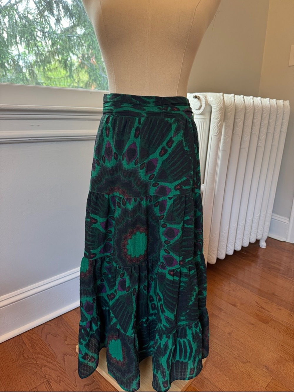 Green Patterned Tiered Maxi Skirt